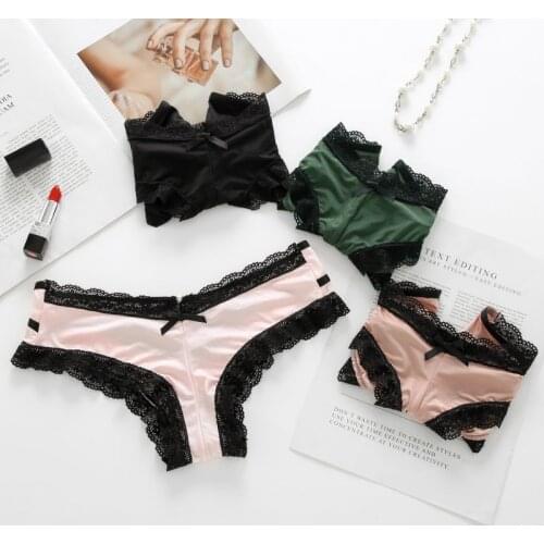 Sexy Low Waist Cotton Briefs Underwear Women Lace Stitching Panties Comfort Bow Twist Panties