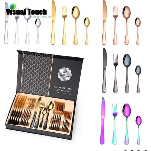 Visual Touch 24Pcs/set Stainless Steel Tableware Set Flatware Sets Knife Spoon Fork Cutlery Gold Hotel Party Dinnerware Set Gift