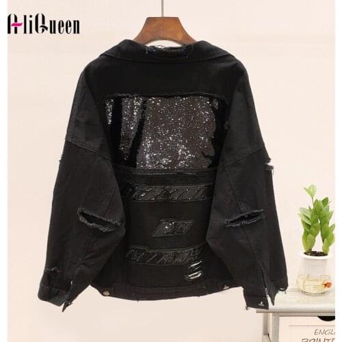 Autumn Holes Frayed Sequins Short Denim Jacket Women Vintage Korean Loose Red Black Jeans Jacket Coat Female Outwear Streetwear
