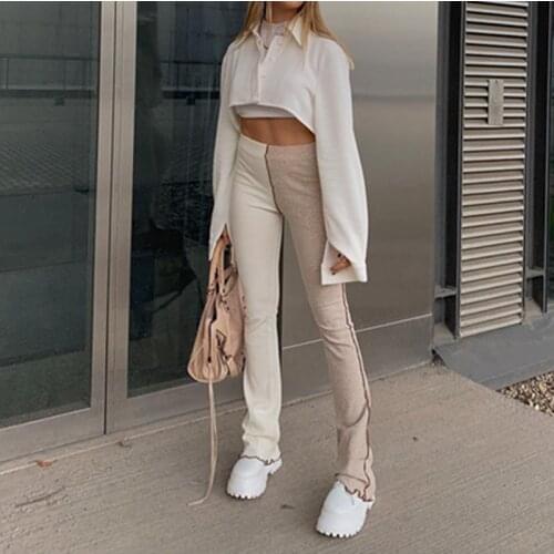 2021 Stripe Patchwork Fashion Fitness High Rise Flare Pants Trousers Streetwear Bottom Casual Women Long Pants Bodycon