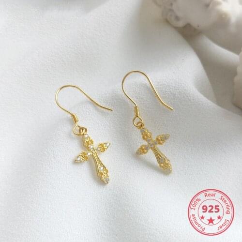 100% 925 Silver Gold Plated Earrings Fashion Concise Delicate Cross Earring Gold Ear hook for women