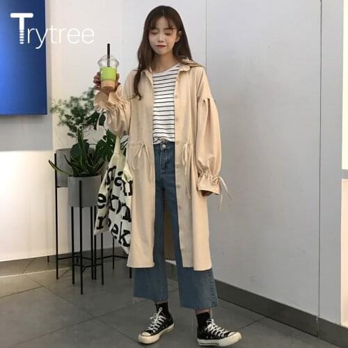 Trytree 2020 Autumn Womens Trench Coat Casual Khaki Adjustable Waist Single Breasted Pockets Long Office Womens Windbreaker