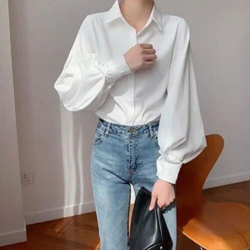 Top Retro Lapel Spring And Autumn Lantern Sleeve Top White Top Long Sleeve Shirt Black Ladies Tunic Top All-Match Top