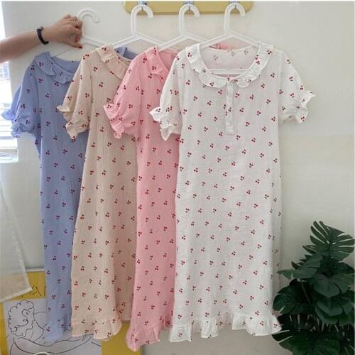 Summer Cotton ruffle sweater Female Cherry Print Sleep Dress Loose Casual Cute Nightgown Short Sleeve Soft Home Clothes