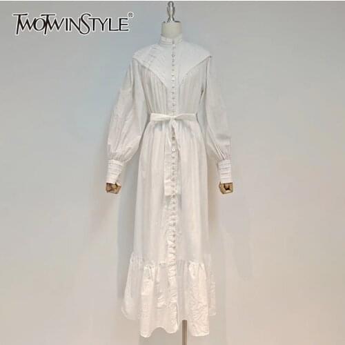 TWOTWINSTYLE Casual White Lace Up Dress For Women Stand Collar Lantern Long Sleeve High Waist Slim Midi Dresses Females 2021 New