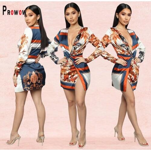 Prowow Sexy V-neck Shirt Dress 2021 New Long Sleeve Spring Print Clothing for Woman Fashion Slim Female Outfits Vestidos