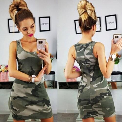 2020 Summer Women Camouflage Print Dress Causal Sleevelesss Sexy Round Neck Mini Slim Fit Printed Dress Femme Vest Dress