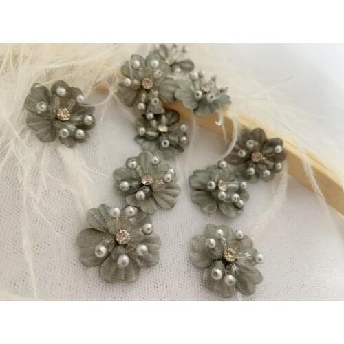 10pcs Grey Organza Lace Appliques With Rhinestone