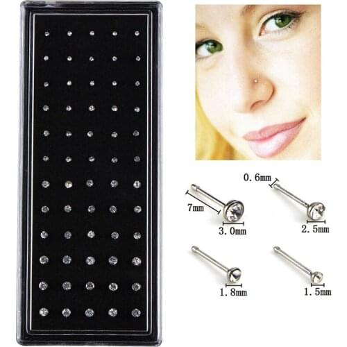 60pcs/set Nose Studs Stainless Surgical Steel Nose Piercing Stud Crystal Rhinestone Nose Ring Fashion Body Jewelry