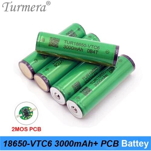 Turmera 18650 3000mAh VTC6 30A Battery TUR18650-VTC6 with PCB Protection Board for Flashlight and Headlamp Lithium Batteries Use