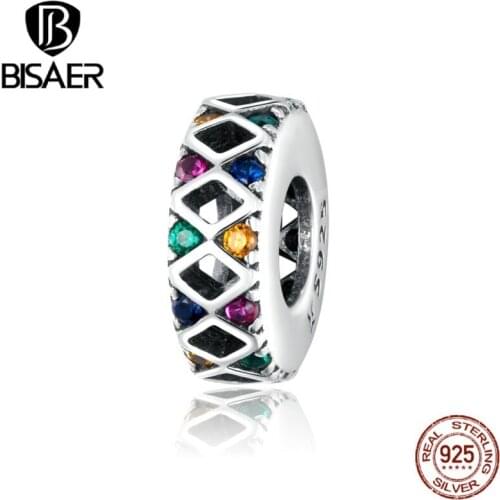 BISAER Colorful Flags Beads 925 Sterling Silver Colorful CZ Original Charms Pendant Fit Bracelet Necklace DIY Jewelry ECC1659