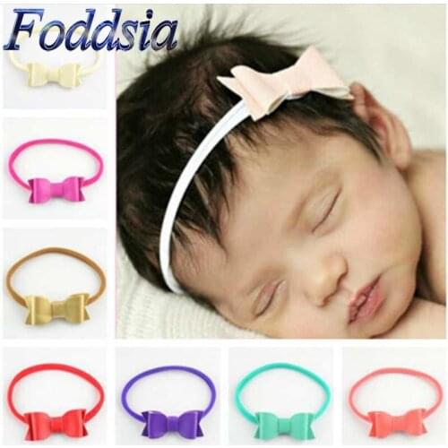 Foddsia 12pcs Great Elasticity Artificial Leather Bow Nylon Headband Synthetic Leather Bow Knot Headband Elastic Head Band F11
