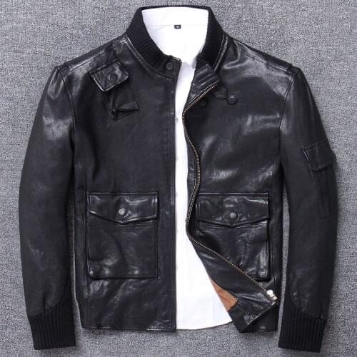 Haining back season genuine clothing male sheep skin locomotive self-cultivation man leather jacket stand lead goatskin