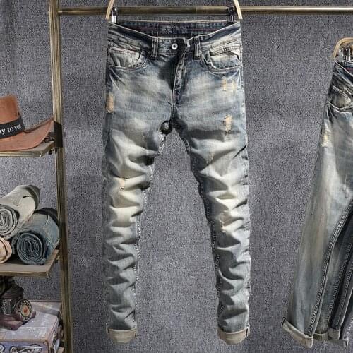 Italian Vintage Fashion Men Jeans Retro Wash Slim Fit Ripped Jeans For Men High Quality Designer Classical Cotton Denim Pants