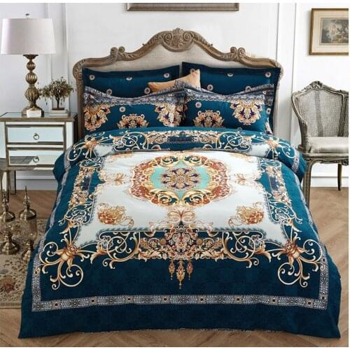 Blue White Nice 100% Cotton Sanding Printed Flower Bedding Set Luxury Royal Bed Sheet set Duvet Cover Pillowcase Queen King 4pcs