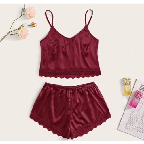 Lace Pyjamas Shorts Set Silk Satin Camisole Tops for Women Sexy Lingerie V Neck Sleeveless Pajama Sets Sleepwear Home Suit