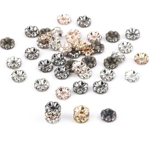50pcs 4/6/8mm Wave Side Metal Rhinestone Big Hole Rondelle Austiran Crystal Loose Spacer Bead For Jewelry Making DIY Accessories