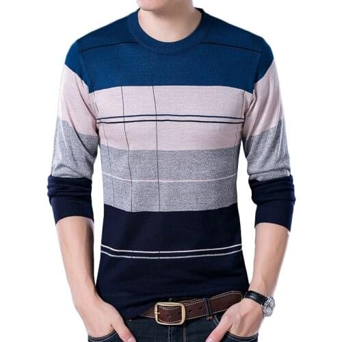 Autumn Winter Mens Fashion Wool Sweater Round Neck Thin Section Bottoming Shirt Fashion Casual Stripe Sweater