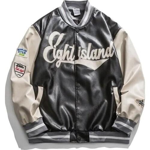 Nice New PU Leather Baseball Jacket Men Trend Patchwork Letter Embroidery Cardigan Coats Male Spring Casual Loose Mens Jackets