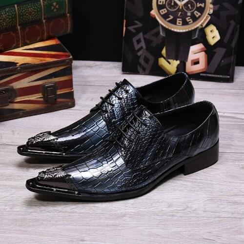 Men New Lace-up Metal Pointed Toe Shoes Business Office Blue Fashion Party Dress Casual Shoes