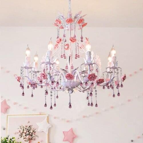 Provence pink flower LED Chandelier crystal Candelabro for bedroom dining room Led wedding rose lighting Lustres de cristal
