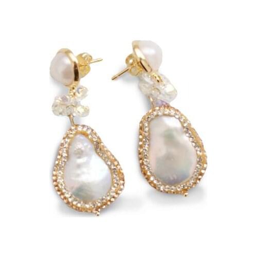 Natural Pearl Druzy Dangle Earrings Crystal Baroque Pearl Pave CZ Drop Earrings Round Pearl Stud Retro Gem Jewelry Gift Fashion