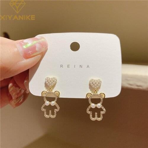 XIYANIKE Gold Color Hollow Out Bear Drop Earrings For Women Heart Alloy Pearl Earrings 2021 Trend Fashion Party Jewelry Brincos