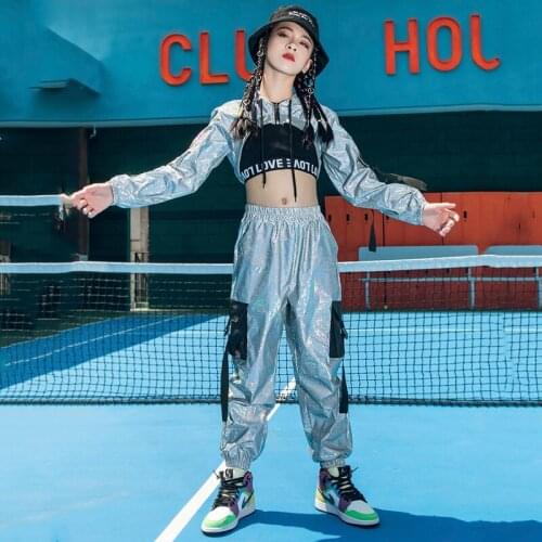 Reflective Hip Hop Clothing For Girls Silver Stage Costumes Hooded Loose Jazz Show Dancewear Child Modern Rave Wear VDB2708