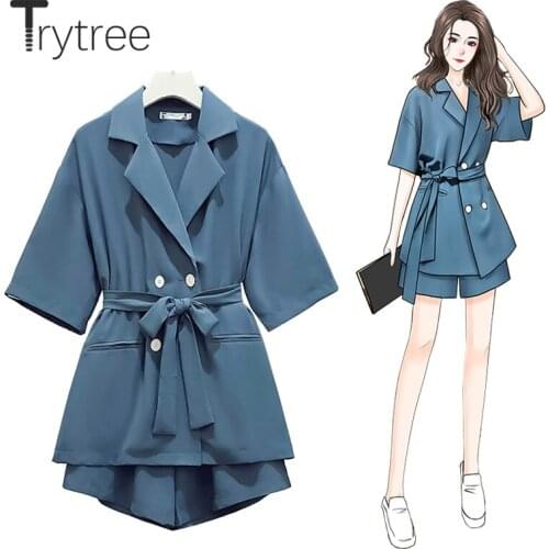 Trytree 2021 Summer Women Two Piece Set Office Lady Belt Suit Shirt + Shorts Female Casual Womens 2 Piece plus size Solid Sets