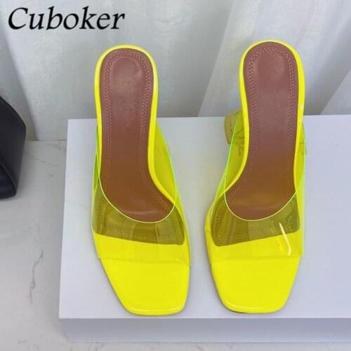 Summer Brand Runway Cup Heel Women Slippers PVC Multi Colors High Heel Slides Square Toe Party Dress Shoes For Women Mujer