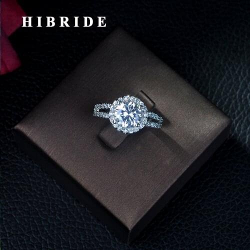 HIBRIDE Gorgeous Big Halo Engagement Rings Jewelry Silver Color Round Fashion Cubic Zirconia Sona Wedding Ring for Women R-144
