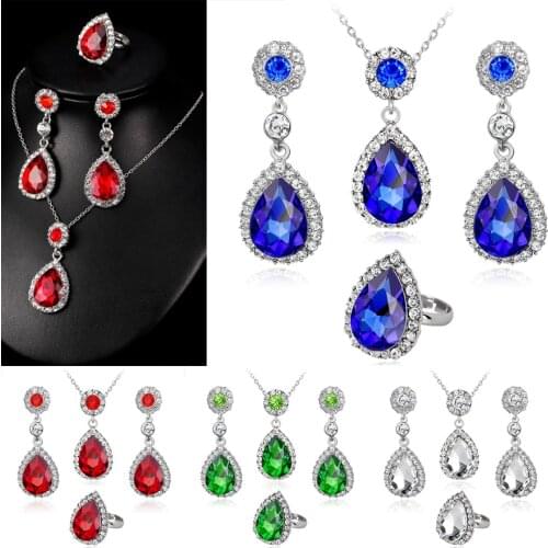 Women Inlaid Crystal Water Drop Pendant Necklace Exquisite Rhinestone Dangle Earrings Bridal Engagement Wedding Jewelry Set