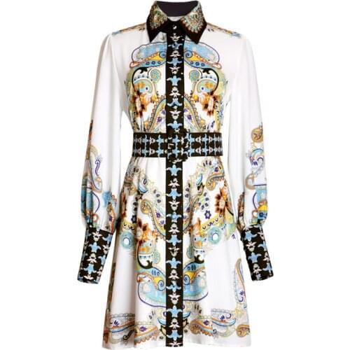 PERHAPS U Vintage Baroque Paisley Print Turn Down Collar Puff Long Sleeve Sash A-line Mini Dress Female Women Summer D2571