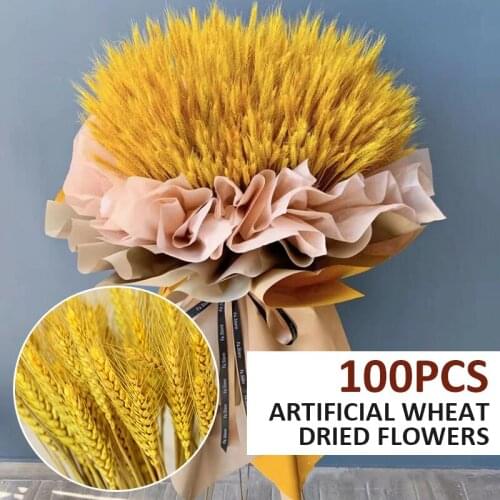 100pcs Artificial Natural Wheat Dried Flowers Wedding Bouquet Home Party Decor Wheat Bouquet