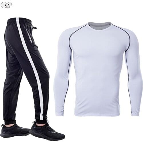 2pcs/set Long Sleeve Running T-shirt+Sweat Pants Suit Mens Running Set Quick Dry Gym Fitness Yoga Sportswear Elastic Sport Kits