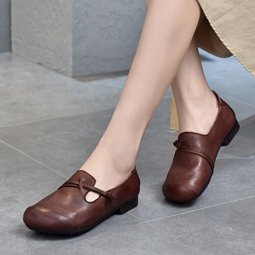 2021 Spring and Autumn Models Cowhide Single Shoes Genuine Leather Womens Shoes Retro Soft Sole Non-slip Casual Mother Shoes