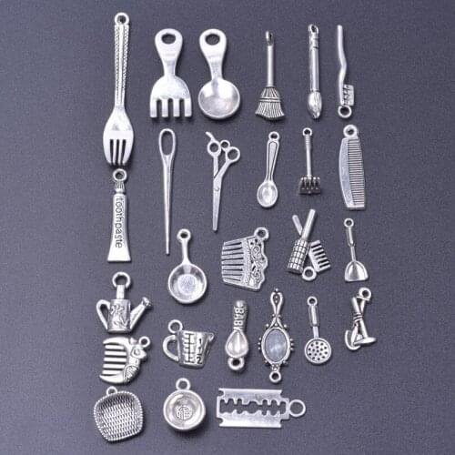 26Pcs Mix Tableware Theme Alloy Kitchen Cutlery Fork Spoon Knife Charms Diy Saucepan Comb Pendant Cook Gift Necklaces Jewelry
