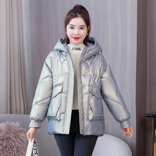 Glossy Womens Thicken Winter Jacket Hooded Solid Ladies Casual Warm Coat Pockets Long Sleeve Cotton Padded Outwear for Female