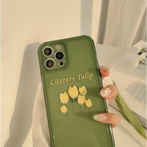 Retro Green tulip flower Phone Case For iPhone 12 Mini 11 Pro Max XR X XS Max 8 7 Plus SE For AirPods 1 2 3 Clear Silicone Cover