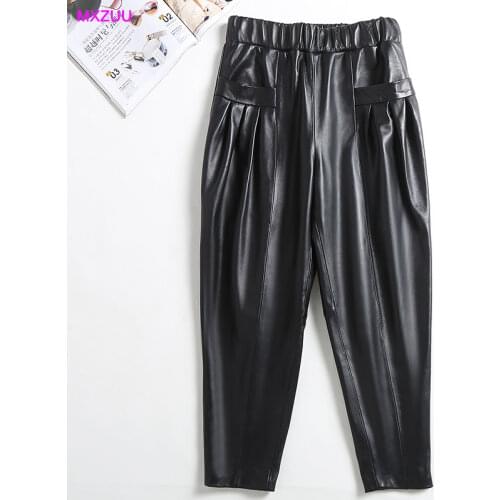 Conjuntos De Pantalones Women Genuine Leather Fashion Show Thin Pants Tailleur Femme Sheepskin Elastic High Waist Loose Harem