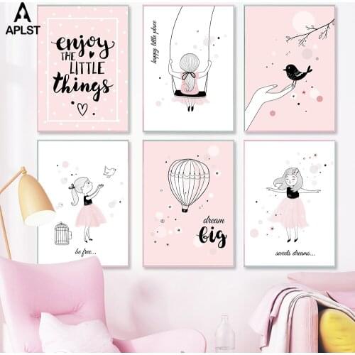Nursery Pink Decor Swing Princess Bird Poster Balloon Dream Quote Prints Kids Girls Room Painting Canvas Wall Art Picture Decal