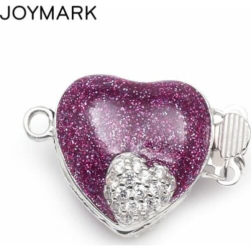 Purple Enameled Heart Shape Micro Pave Zircon Sterling Silver Box Clasps Hooks Jewelry Findings For Pearl Necklace SC-BC221