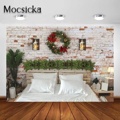 Mocsicka Christmas Headboard Bed Photography Backdrop Brick Wall Children Portrait Photographic Background for Photo Studio