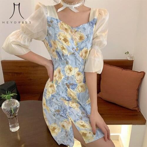 Heydress Casual Puff Sleeve Party Midi Dress Summer Elegant Floral Dresses Women French Vintage Split Designer Sweet Dresses