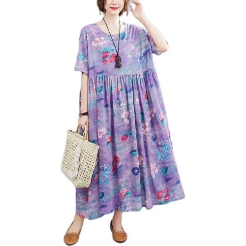 ARCSINX Mori Girl Womens Dress Plus Size 4XL 5XL 6XL Beautiful Light Purple Womens Dresses Cotton Floral Summer Dress Women