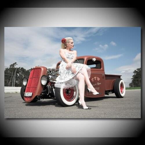 Canvas Painting Hot Rods Tuning Vintage Car Women Model Wall Art Posters and Prints for Living Room Decor