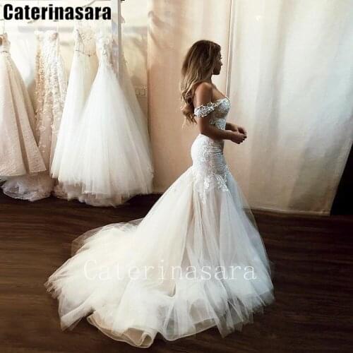 Lace Off-the-shoulder Zipper Tulle Mermaid Wedding Dress Bridal Gown Sweep Train Custom Made