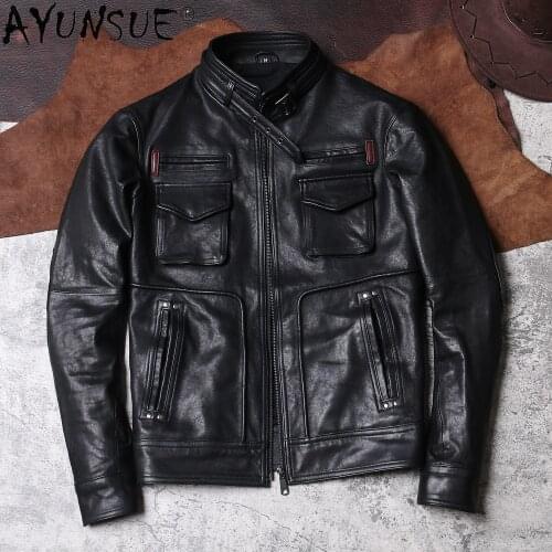 AYUNSUE Genuine Leather Jacket Men Vintage Sheepskin Coat Spting Autumn Safari Style Mens Leather Jackets and Coats Veste Homme