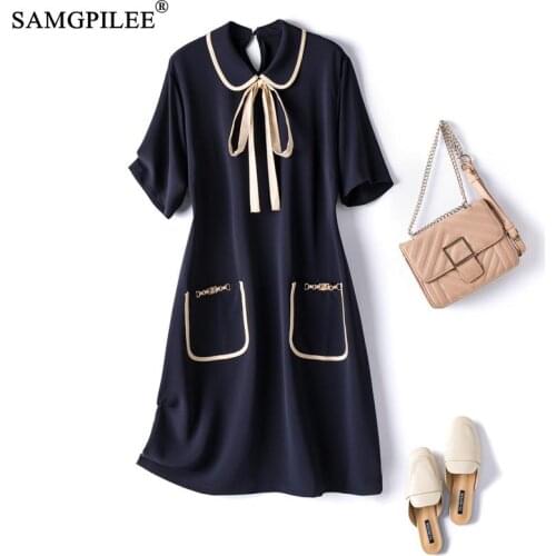 Summer Dresses 2021 New Fashion Office Lady A-line Solid Short Sleeve Bow Peter Pan Collar Plus Size Women Dress Elegant Vadim