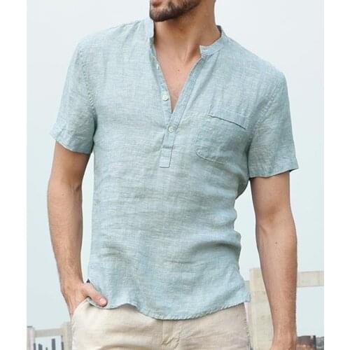 Fashion Style Slim All-match Multi-color Linen Shirt Mens Solid Color Cotton and Linen Shirt Mens Casual Short-sleeved Shirt